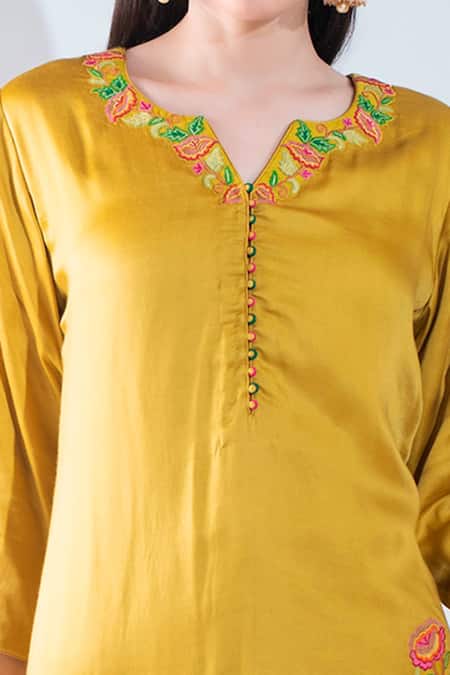 Shop_Asha Gautam_Yellow Organza, Modal Satin, Monga Georgette Round Embroidered Kurta Set _Online_at_Aza_Fashions