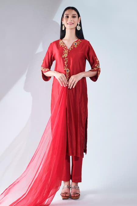Buy_Asha Gautam_Red Chiffon, Cotton Lycra, Chanderi Silk V Neck Embroidered Kurta Set _Online_at_Aza_Fashions