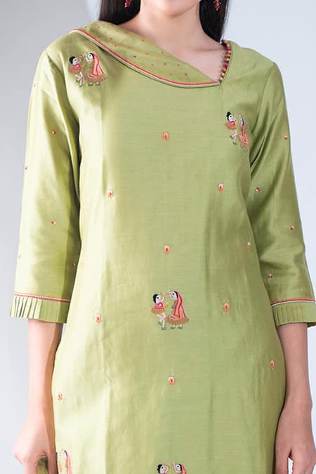 Shop_Asha Gautam_Green Organza, Chiffon, Cotton Lycra V Neck Embroidered Kurta Set _Online_at_Aza_Fashions