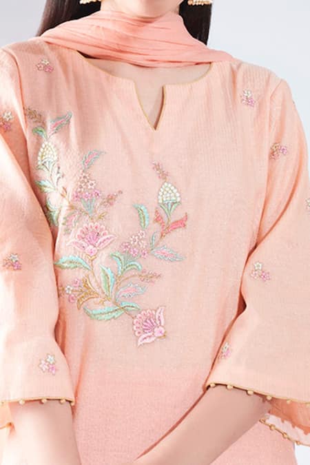 Buy_Asha Gautam_Peach Chanderi, Chiffon, Cotton Lycra V Neck Embroidered Kurta Set _Online_at_Aza_Fashions