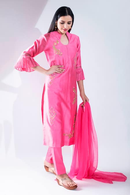 Asha Gautam_Pink Chiffon, Cotton Lycra, Chanderi Silk Mandarin Collar Kurta Set _Online_at_Aza_Fashions