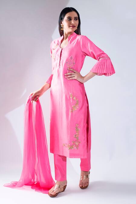 Shop_Asha Gautam_Pink Chiffon, Cotton Lycra, Chanderi Silk Mandarin Collar Kurta Set _Online_at_Aza_Fashions