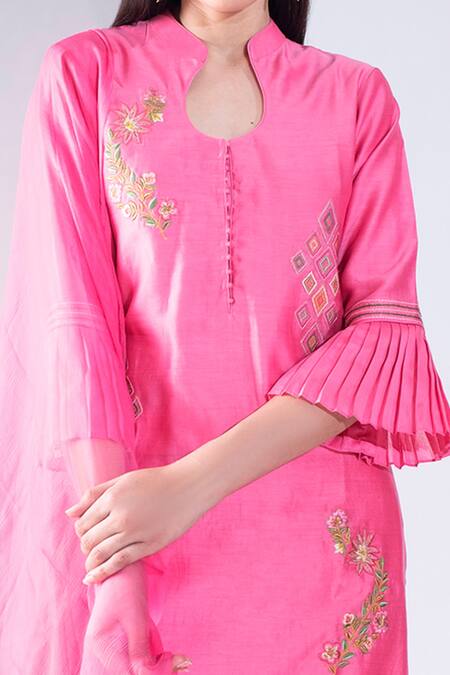 Asha Gautam_Pink Chiffon, Cotton Lycra, Chanderi Silk Mandarin Collar Kurta Set _at_Aza_Fashions