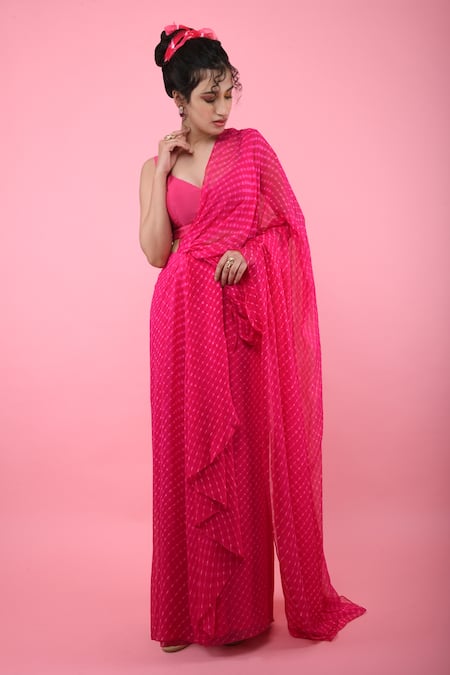 Shop_K-Anshika_Pink Chanderi Embroidery V Neck Printed Pre-draped Saree With Blouse _at_Aza_Fashions