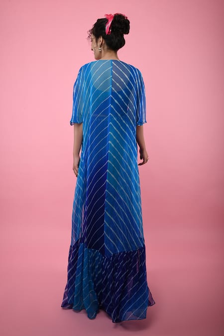 Shop_K-Anshika_Blue Georgette Embroidery Crop Top Round Jacket Open Leheriya And Skirt Set _at_Aza_Fashions