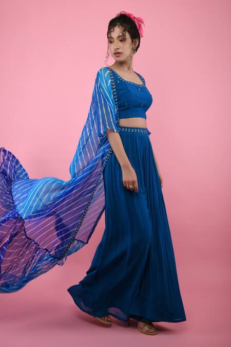 K-Anshika_Blue Georgette Embroidery Crop Top Round Jacket Open Leheriya And Skirt Set _Online_at_Aza_Fashions