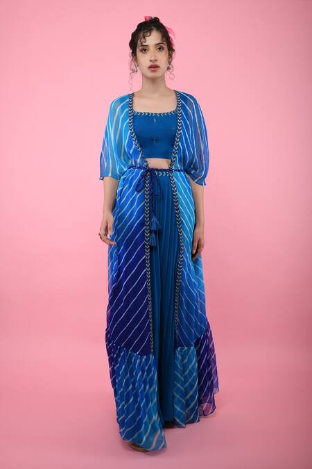 Buy_K-Anshika_Blue Georgette Embroidery Crop Top Round Jacket Open Leheriya And Skirt Set _Online_at_Aza_Fashions