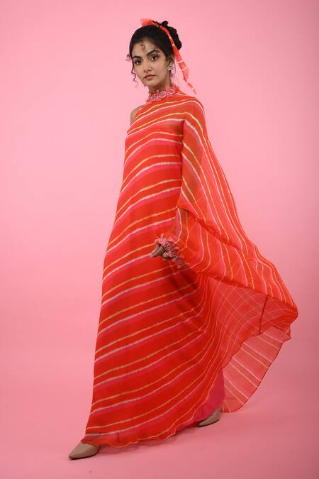 K-Anshika_Orange Georgette High Neck Leheriya Print Kaftan _Online_at_Aza_Fashions