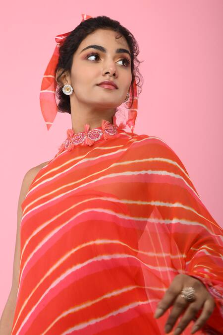 Shop_K-Anshika_Orange Georgette High Neck Leheriya Print Kaftan _Online_at_Aza_Fashions