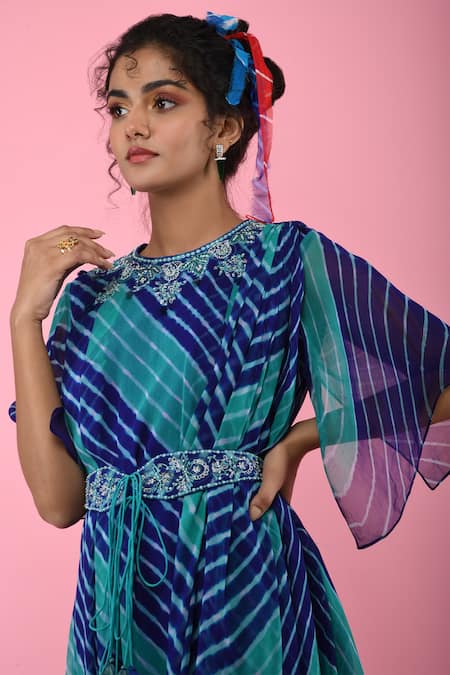 Buy_K-Anshika_Blue Georgette Round Leheriya Print Cowl Draped Tunic_Online_at_Aza_Fashions