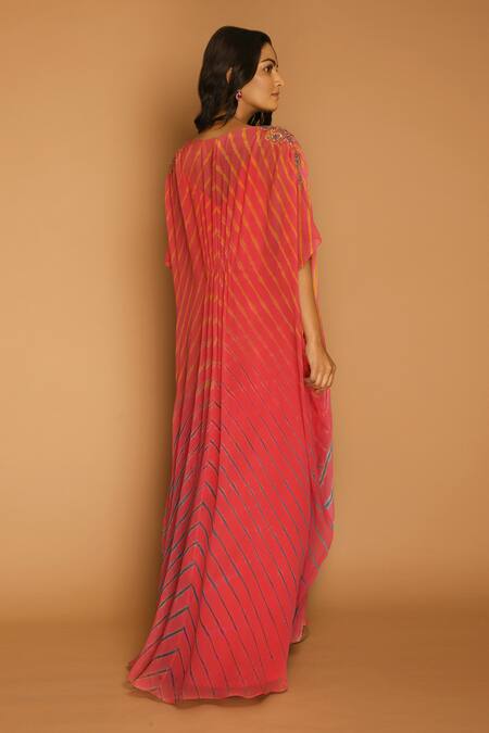 Shop_K-Anshika_Pink Georgette V Neck Leheriya Print Kaftan _at_Aza_Fashions