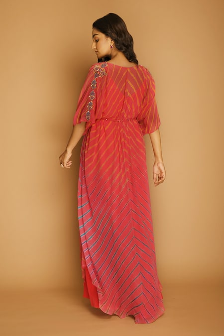 K-Anshika_Pink Georgette V Neck Leheriya Print Kaftan _Online_at_Aza_Fashions