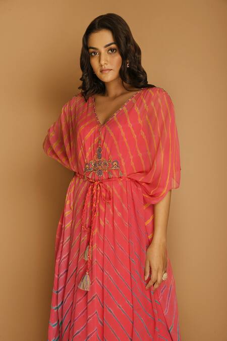 K-Anshika_Pink Georgette V Neck Leheriya Print Kaftan _at_Aza_Fashions