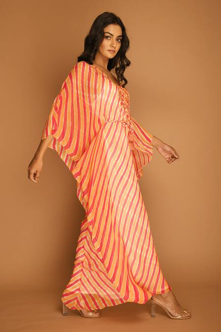 K-Anshika_Orange Georgette V Neck Leheriya Print Kaftan _Online_at_Aza_Fashions