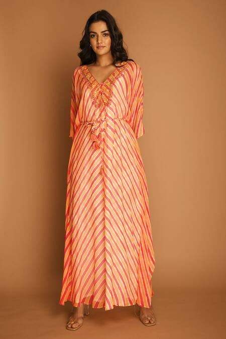 Buy_K-Anshika_Orange Georgette V Neck Leheriya Print Kaftan _Online_at_Aza_Fashions