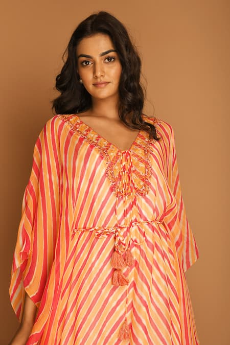 Shop_K-Anshika_Orange Georgette V Neck Leheriya Print Kaftan _Online_at_Aza_Fashions