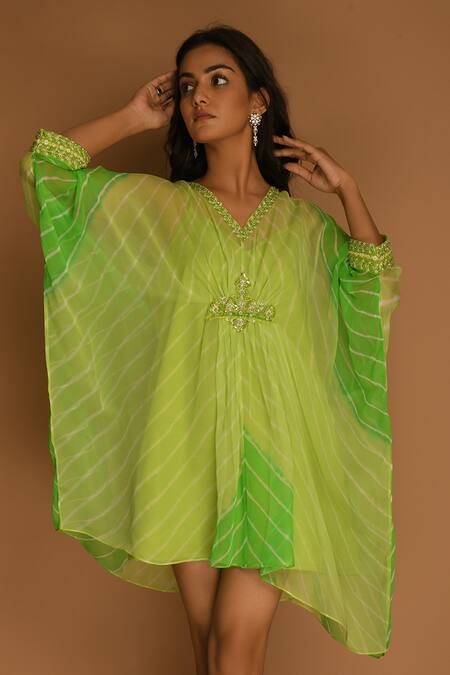 K-Anshika Green Georgette V Neck Printed Asymmetric Dress