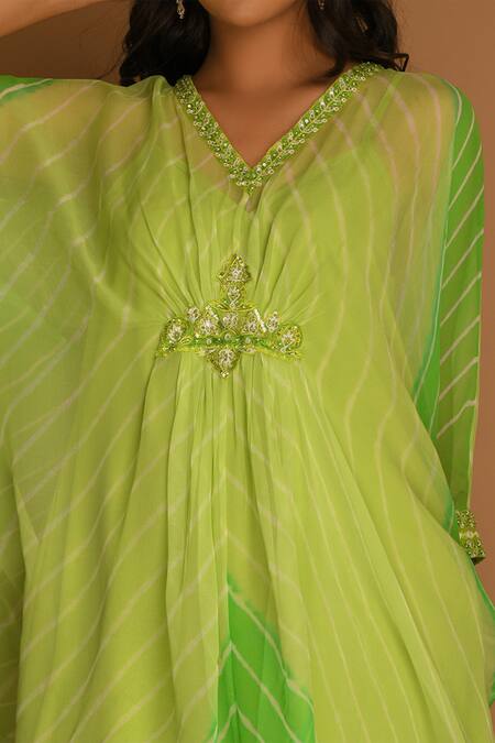 Shop_K-Anshika_Green Georgette V Neck Printed Asymmetric Dress_Online_at_Aza_Fashions