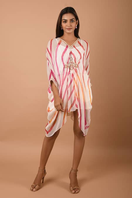 K-Anshika_White Georgette V Neck Printed Asymmetric Dress_Online_at_Aza_Fashions