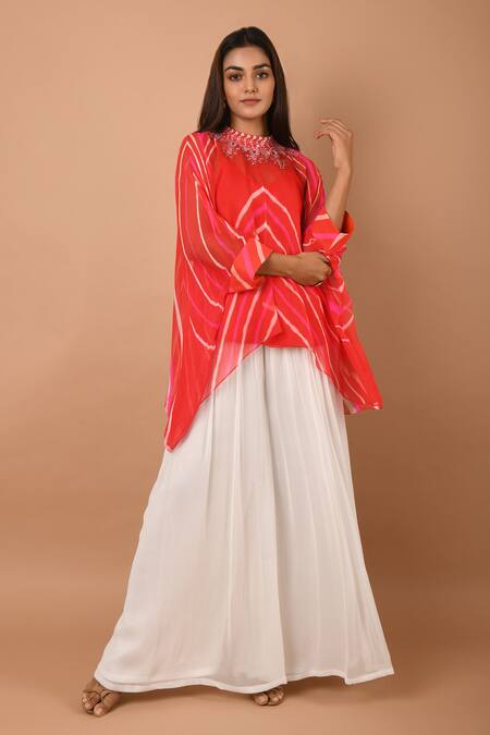 K-Anshika_Orange Georgette Embroidery Printed Asymmetric Kaftan Tunic And Palazzo Set _Online_at_Aza_Fashions