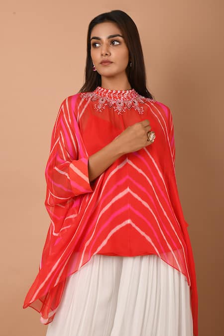 Buy_K-Anshika_Orange Georgette Embroidery Printed Asymmetric Kaftan Tunic And Palazzo Set _Online_at_Aza_Fashions