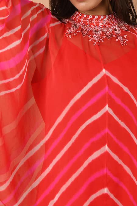 Shop_K-Anshika_Orange Georgette Embroidery Printed Asymmetric Kaftan Tunic And Palazzo Set _Online_at_Aza_Fashions