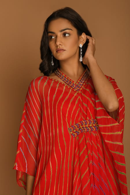 Buy_K-Anshika_Red Georgette V Neck Printed Kaftan And Pant Set _Online_at_Aza_Fashions