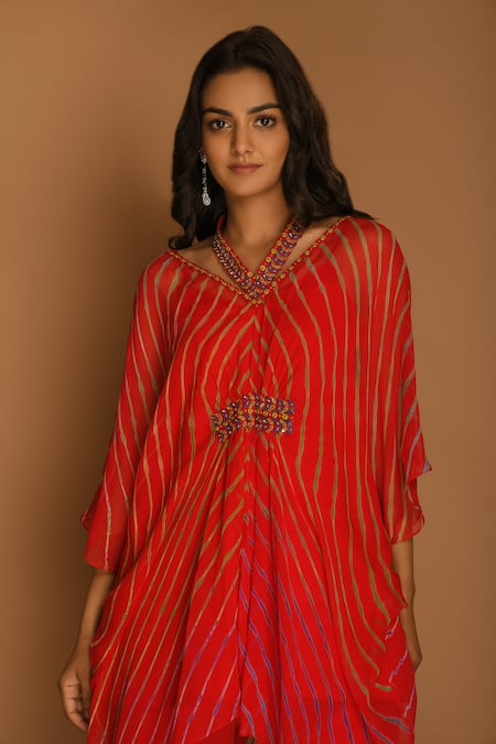 Shop_K-Anshika_Red Georgette V Neck Printed Kaftan And Pant Set _Online_at_Aza_Fashions