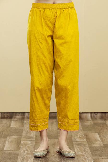 Shop_Desert Shine By Sulochana Jangir_Yellow Handloom Tissue V Neck Kurta Set _Online_at_Aza_Fashions
