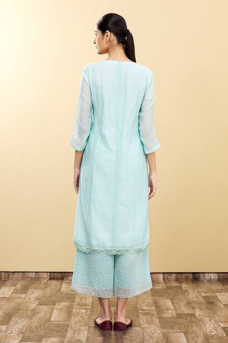 Shop_Desert Shine By Sulochana Jangir_Blue Handloom Chanderi Round Kurta Set_at_Aza_Fashions