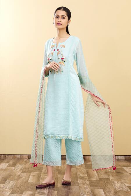 Buy_Desert Shine By Sulochana Jangir_Blue Handloom Chanderi Round Kurta Set_Online_at_Aza_Fashions