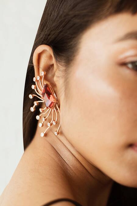 Esme By Aashna Dalmia_Gold Plated Diamonds Structured Tentacle Earrings _Online_at_Aza_Fashions