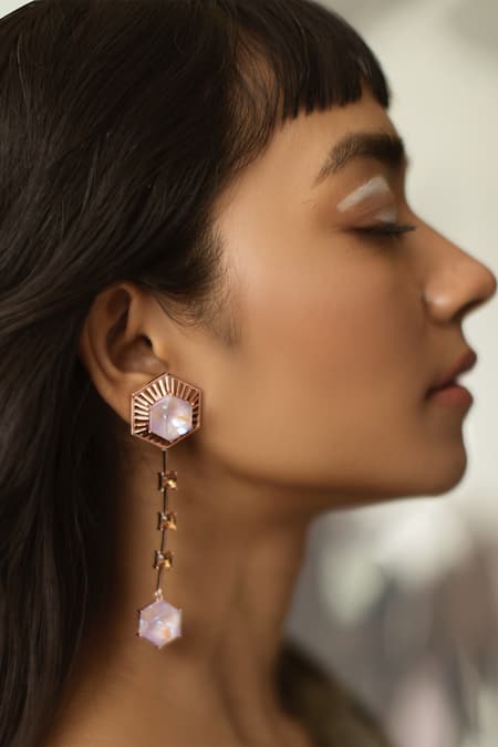 Esme By Aashna Dalmia Purple Stones Detachable Hexagon Danglers 