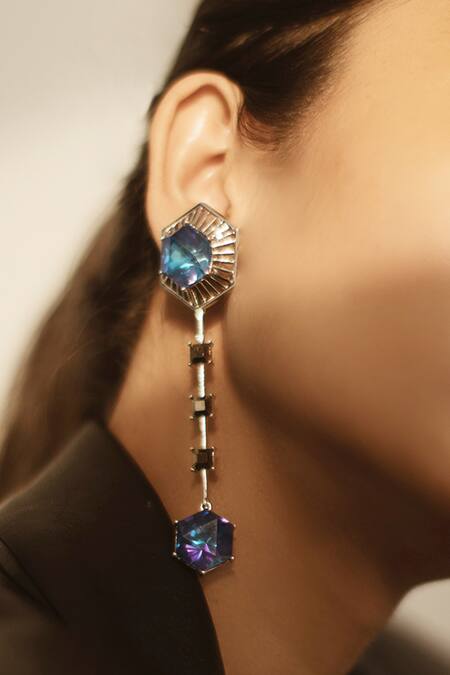 Buy_Esme By Aashna Dalmia_Blue Crystals, Stones Detachable Hexagon Danglers _Online_at_Aza_Fashions