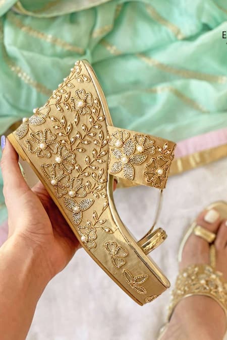 Buy Gold Embroidered Floral Wedges by Essem Online at Aza Fashions.