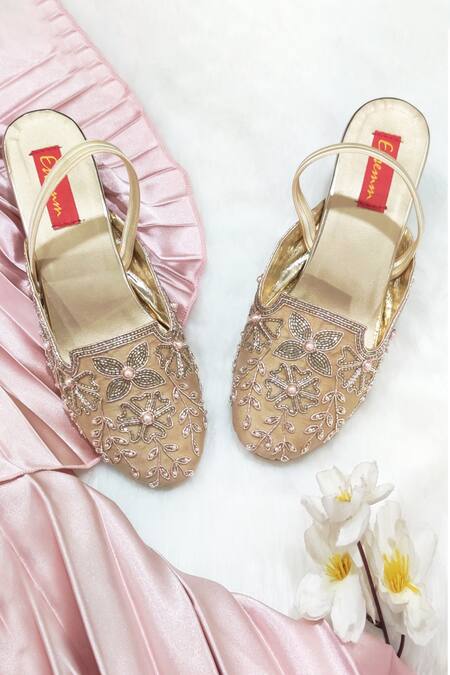 Essemm Gold Embroidered Flat Mules 