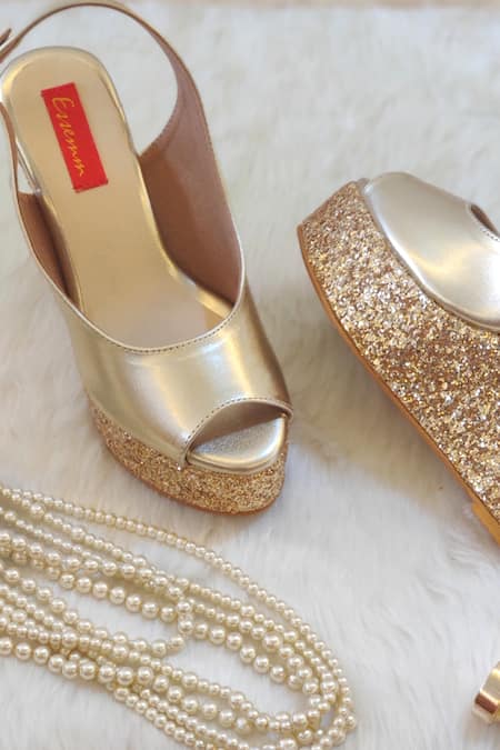 Essemm Gold Peep-toe Wedges 