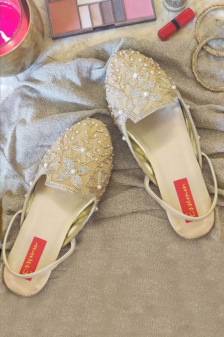 Shop Essemm Gold Embroidered Flat Mules at Aza Fashions Shop_Essemm_Gold Embroidered Flat Mules _at_Aza_Fashions