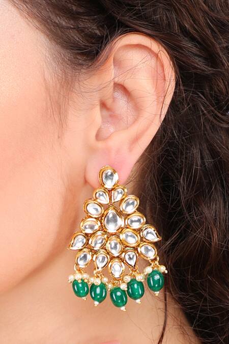 Shop_Aakarsha By Ajay_Gold Plated Pearls, Beads, Stones Kundan Floral Danglers_Online_at_Aza_Fashions