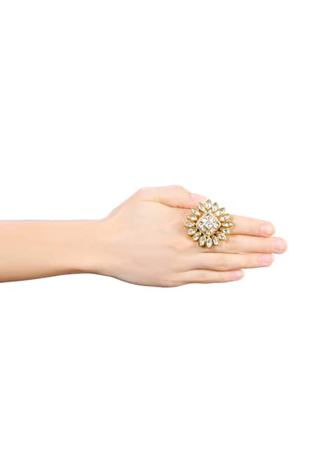Aakarsha By Ajay_Gold Plated Pearls, Beads, Stones Kundan Floral Ring_Online_at_Aza_Fashions