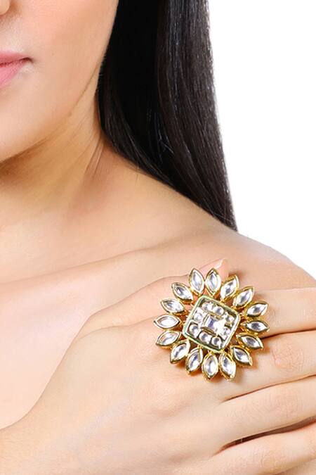 Buy_Aakarsha By Ajay_Gold Plated Pearls, Beads, Stones Kundan Floral Ring_Online_at_Aza_Fashions