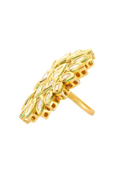 Shop_Aakarsha By Ajay_Gold Plated Pearls, Beads, Stones Kundan Floral Ring_Online_at_Aza_Fashions