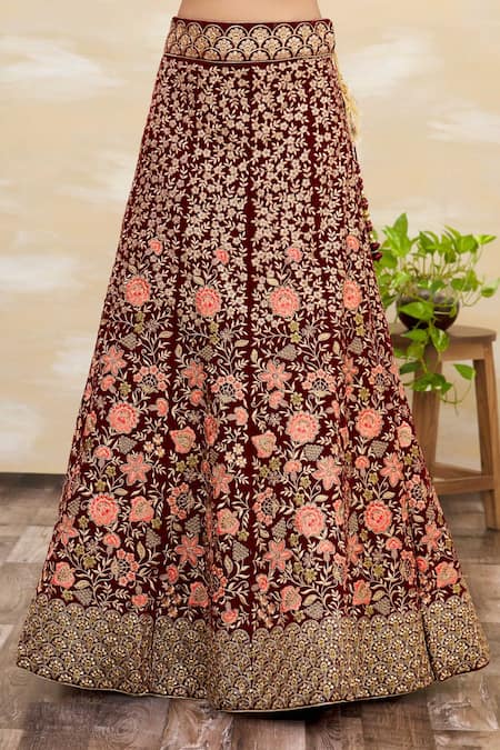 Buy Maroon Georgette Embroidered Mukaish V Neck Bridal Lehenga Set For  Women by Romaa Online at Aza Fashions.
