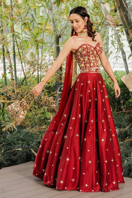 Buy_Rashika Sharma_Maroon Corset And Dupatta Georgette Lehenga Cotton Floral Embroidered Set _Online_at_Aza_Fashions