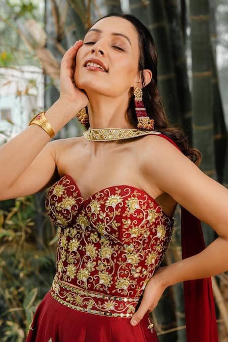 Shop_Rashika Sharma_Maroon Corset And Dupatta Georgette Lehenga Cotton Floral Embroidered Set _Online_at_Aza_Fashions