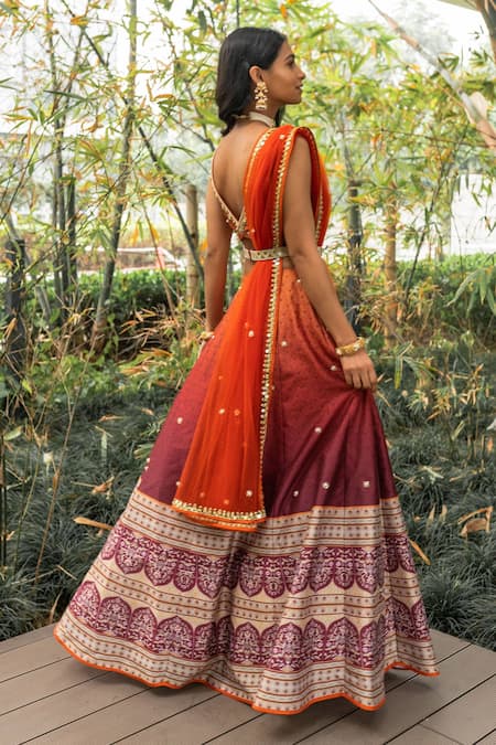 Shop_Rashika Sharma_Orange Blouse Embroidery Round Silk Printed Bridal Lehenga Set _at_Aza_Fashions