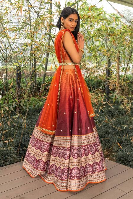 Rashika Sharma_Orange Blouse Embroidery Round Silk Printed Bridal Lehenga Set _Online_at_Aza_Fashions
