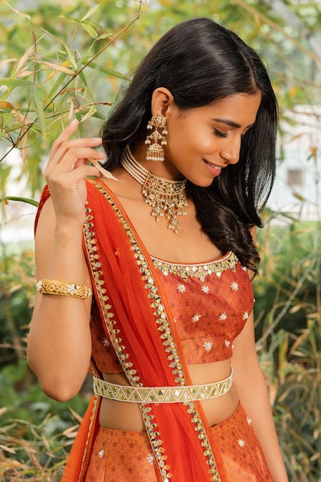Buy_Rashika Sharma_Orange Blouse Embroidery Round Silk Printed Bridal Lehenga Set _Online_at_Aza_Fashions