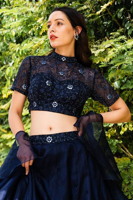 Buy_Rashika Sharma_Blue Blouse, Lehenga And Organza Lining Shantoon Round Set _Online_at_Aza_Fashions