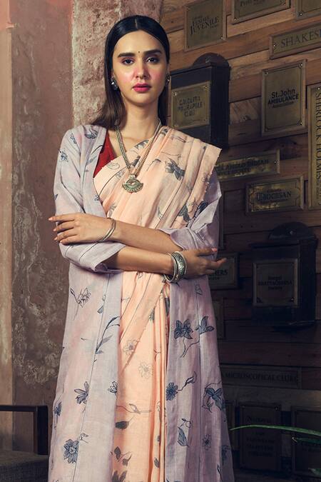 Kasturi Kundal_Peach 80 Count Linen Printed Saree_Online_at_Aza_Fashions
